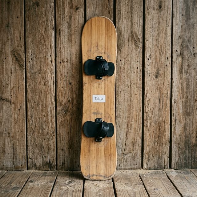 Tabla de sandboard con fijaciones, apoyada en un muro de madera